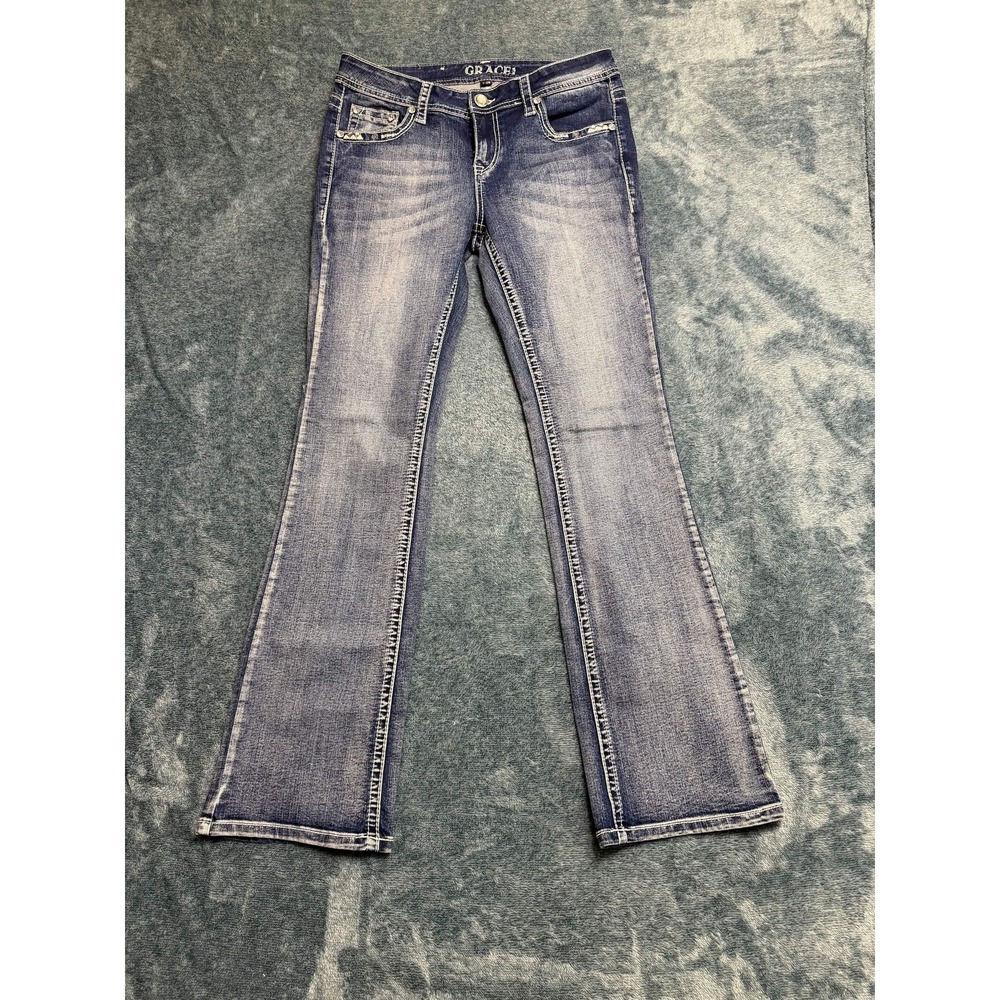 Grace in LA Bootcut Jeans Medium Wash Embroidered Western 7/28 Women Blue